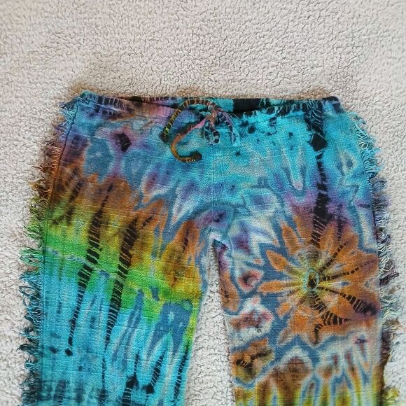 Gypsy Rose Tie Dye Wide Leg Size Large Pull On Hippie Fringe Tie Front - Picture 3 of 8